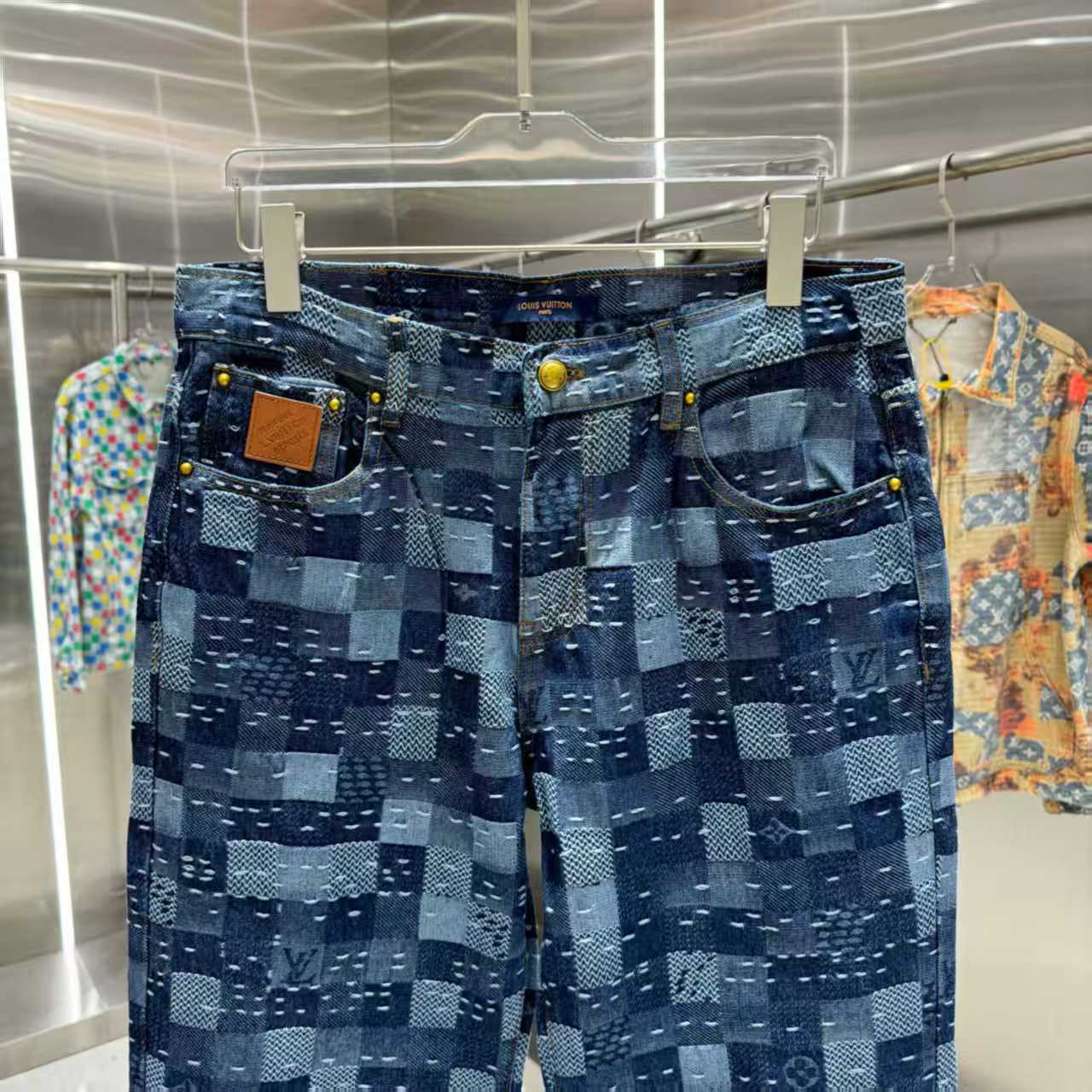 Plaid embroidered denim pants
