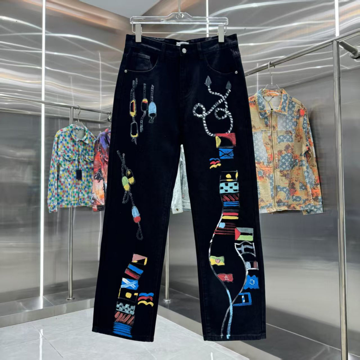 Full of letters spray straight leg jeans
