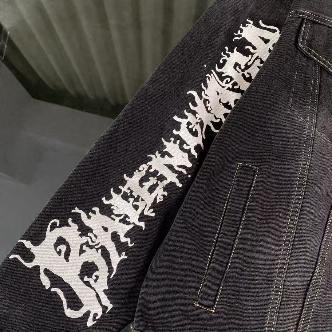 Letter graffiti unisex retro washed denim jacket