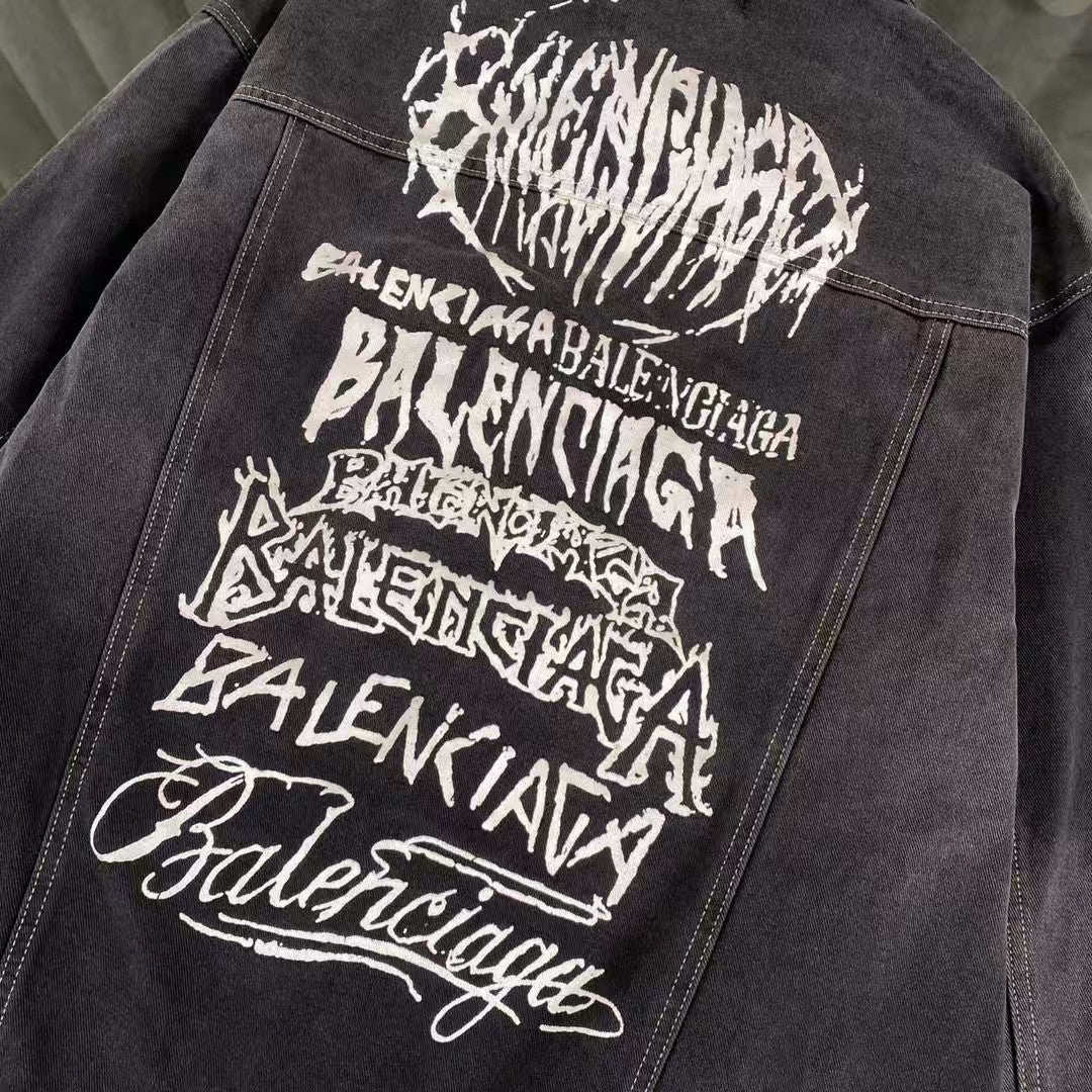 Letter graffiti unisex retro washed denim jacket