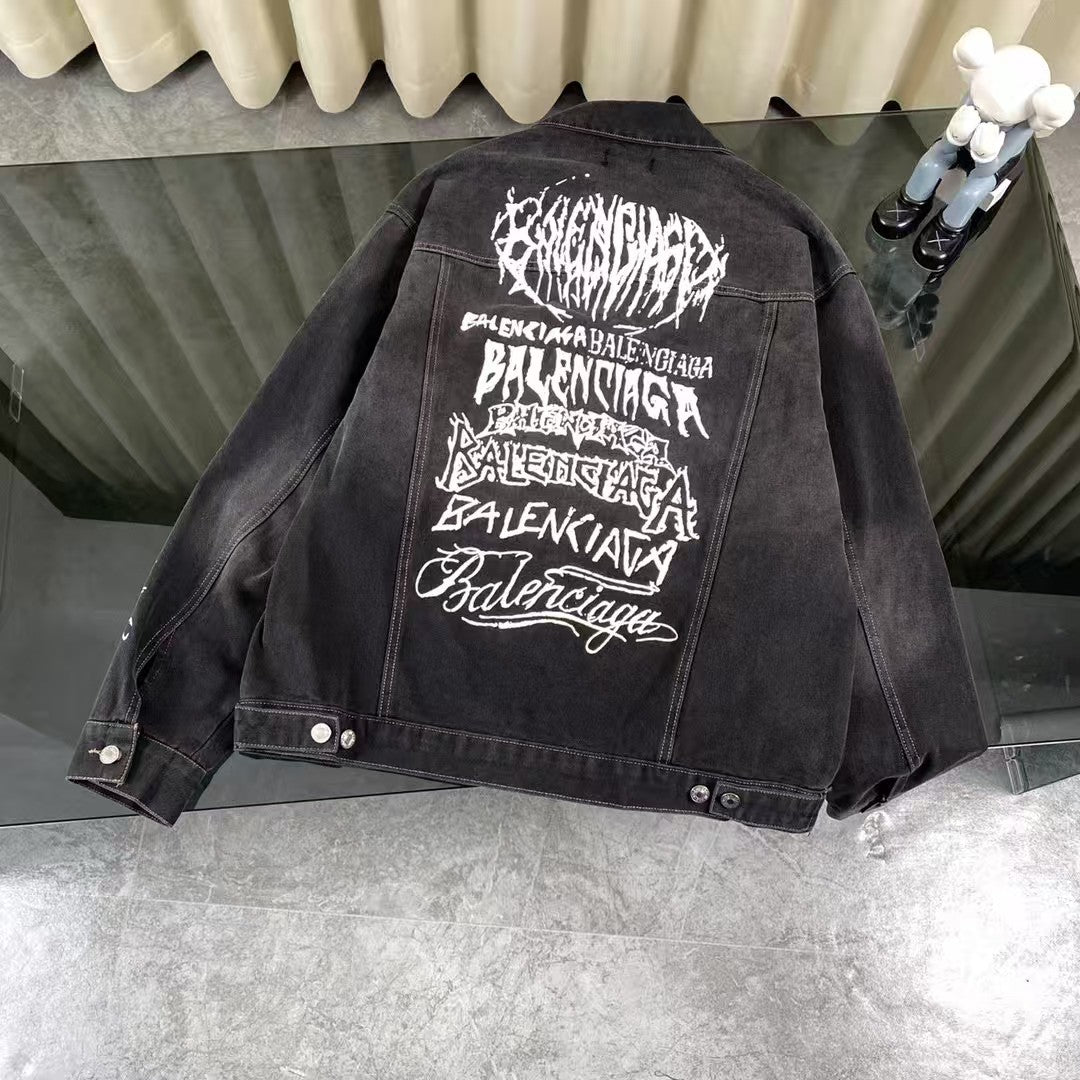 Letter graffiti unisex retro washed denim jacket