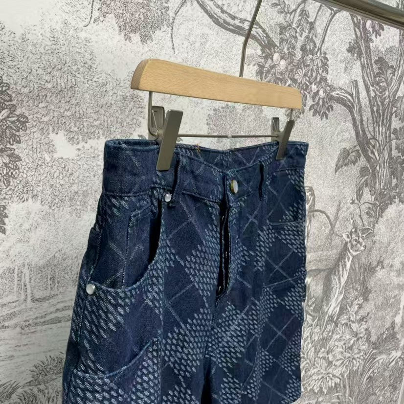 Checkered denim shorts