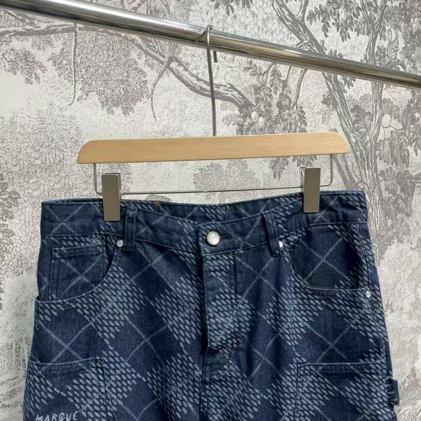 Checkered denim shorts