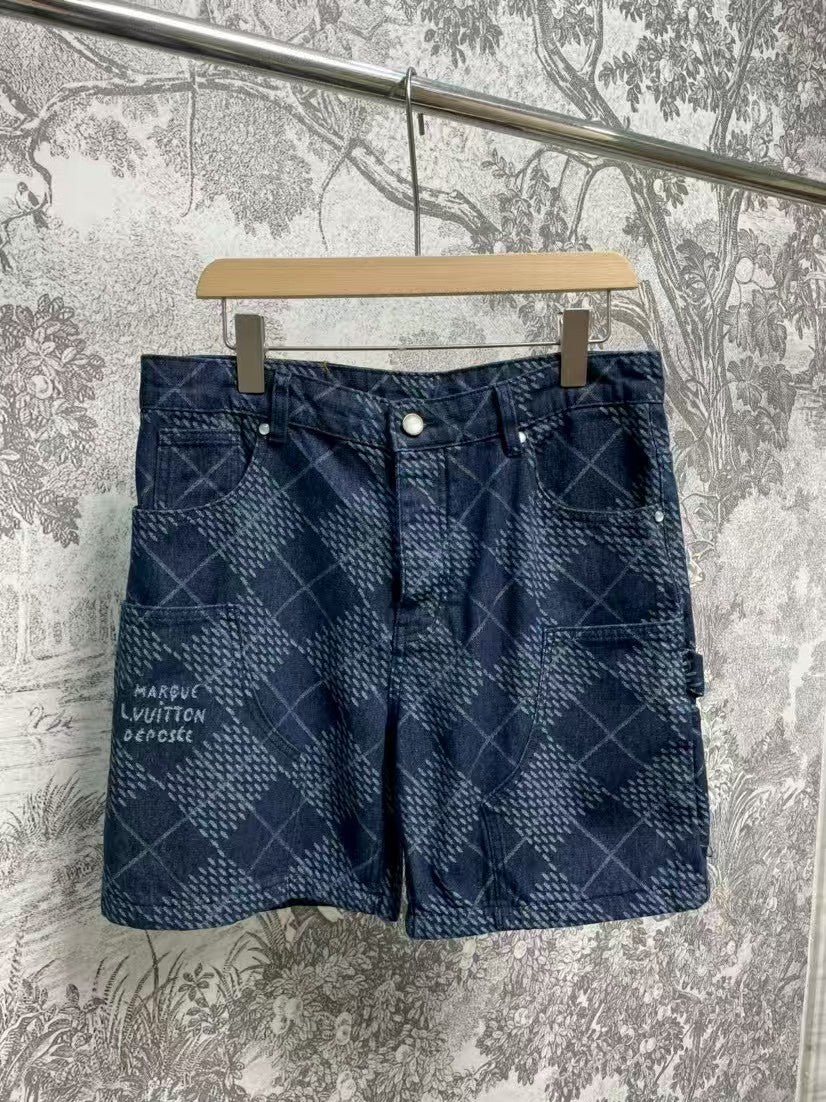 Checkered denim shorts