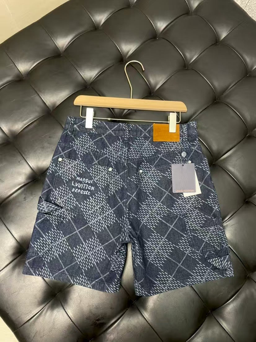 Checkered denim shorts