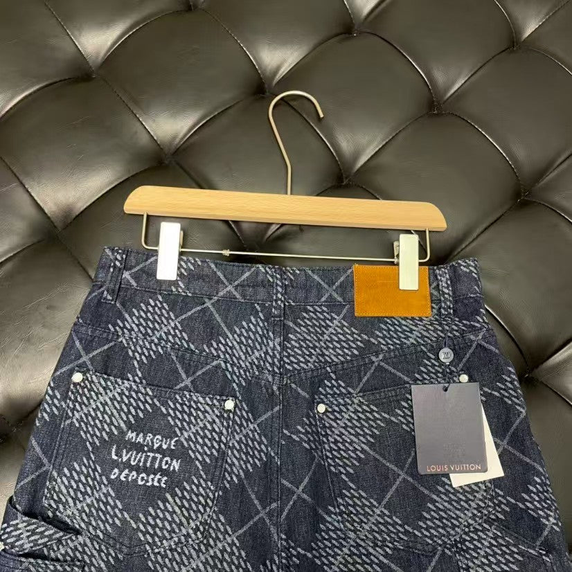 Checkered denim shorts