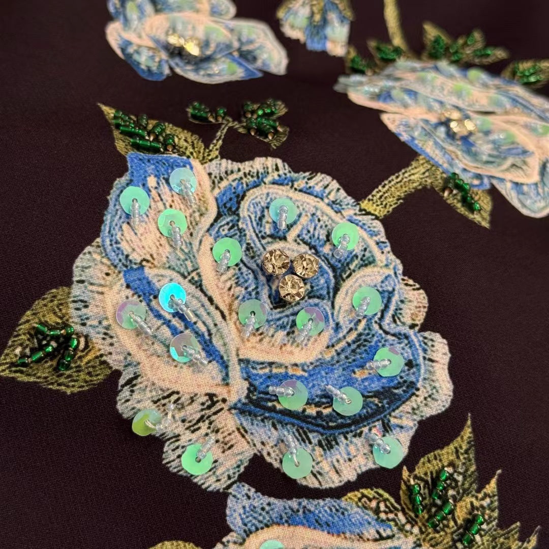 Sparkling nail bead flower short sleeved dress