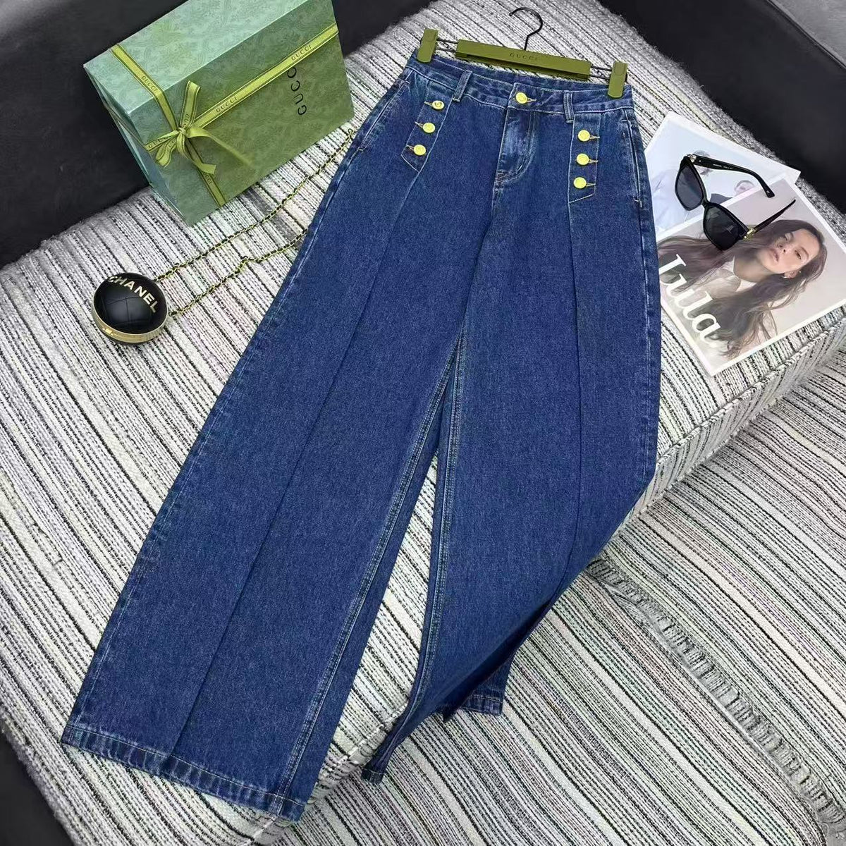 New metal buckle design denim wide leg pants