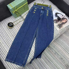 New metal buckle design denim wide leg pants