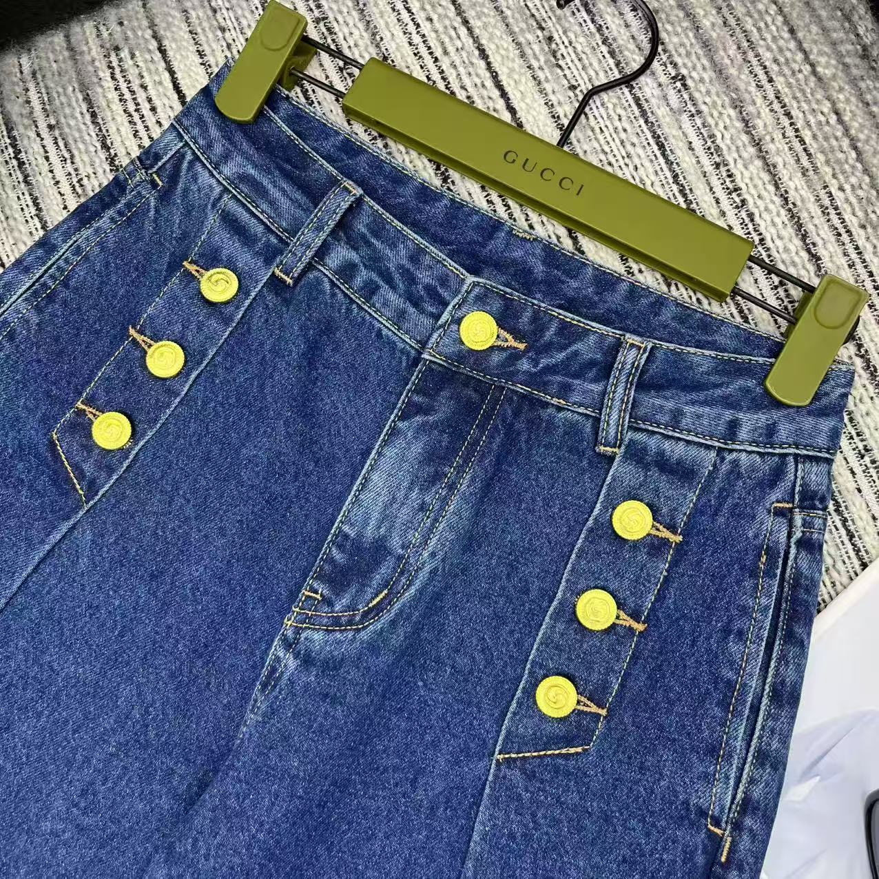 New metal buckle design denim wide leg pants