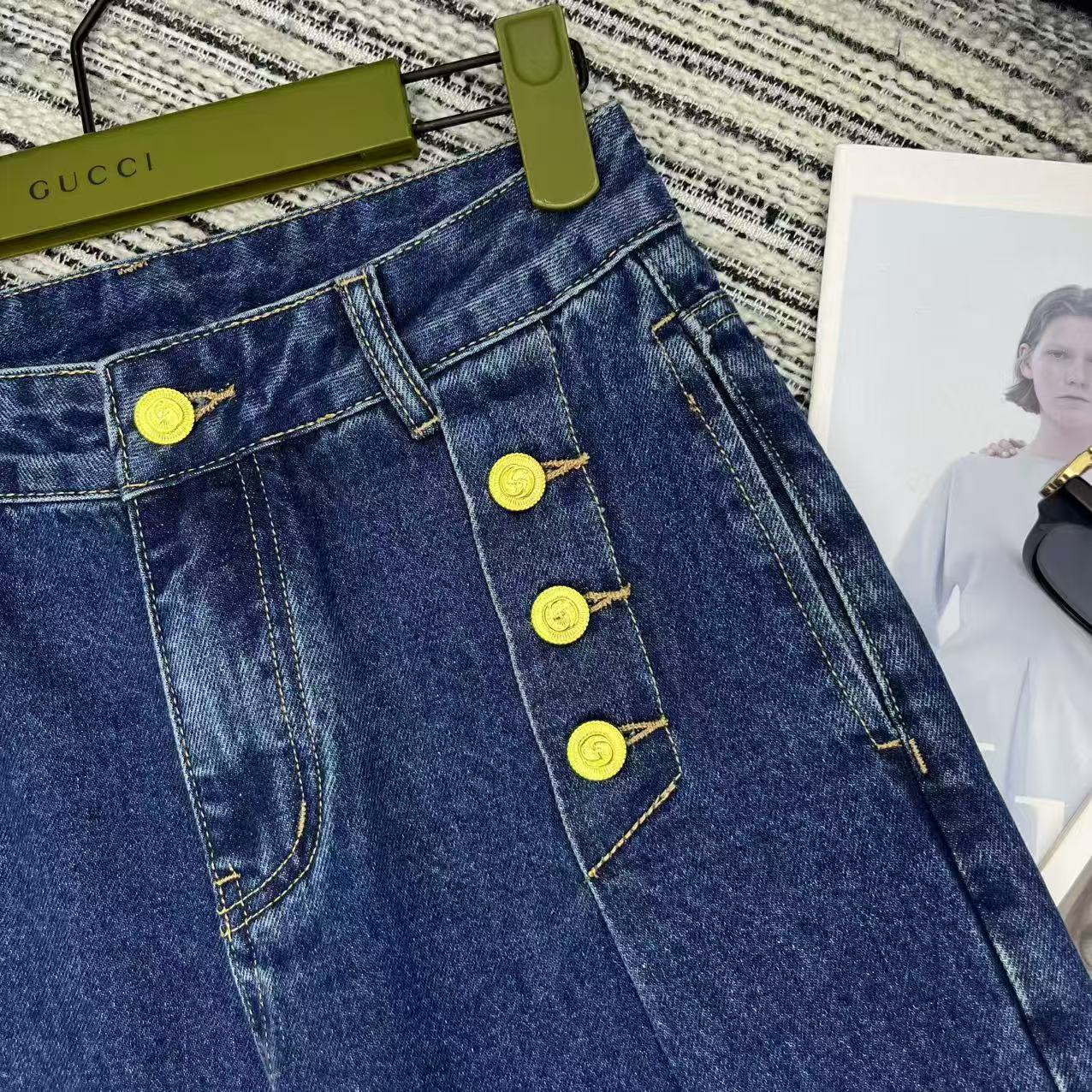 New metal buckle design denim wide leg pants