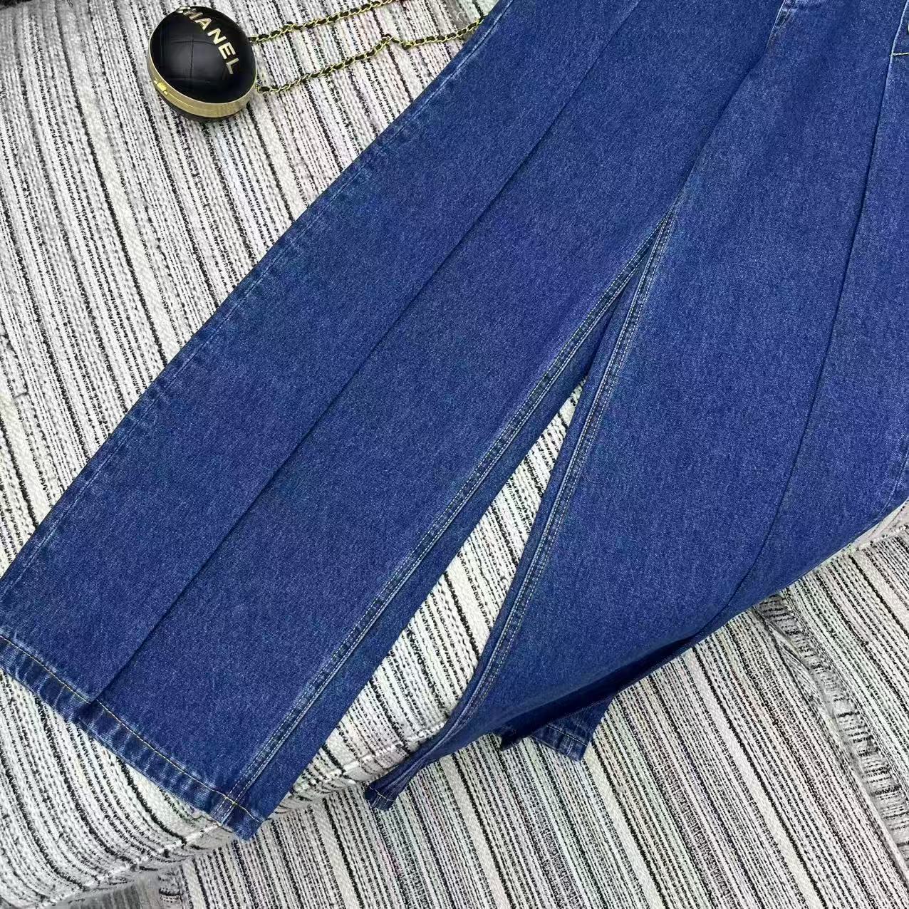 New metal buckle design denim wide leg pants