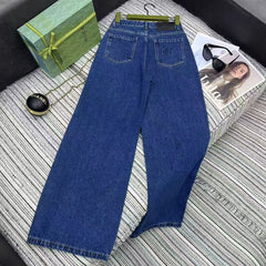 New metal buckle design denim wide leg pants