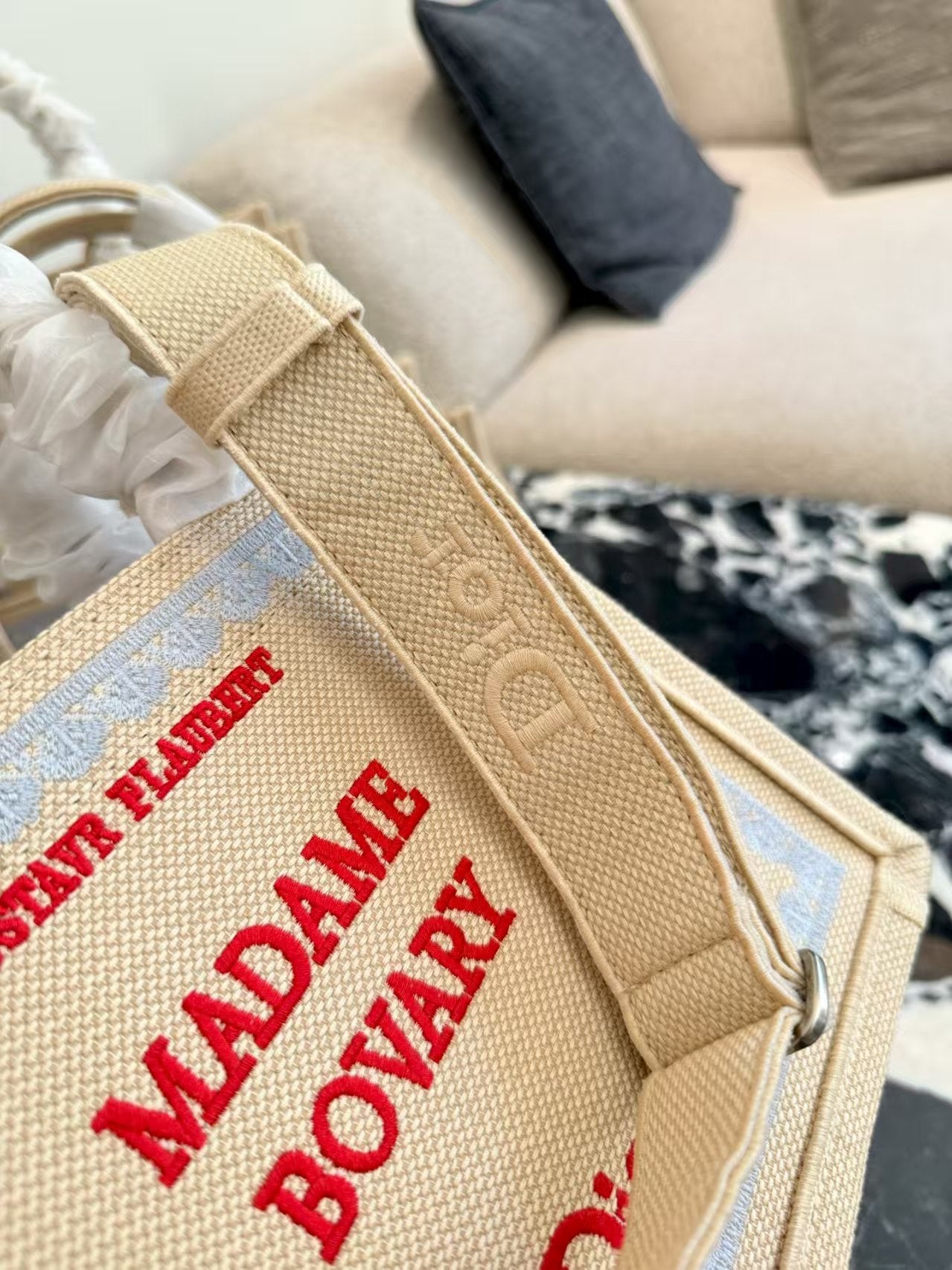 Embroidered Jacquard Letter Tote Bag