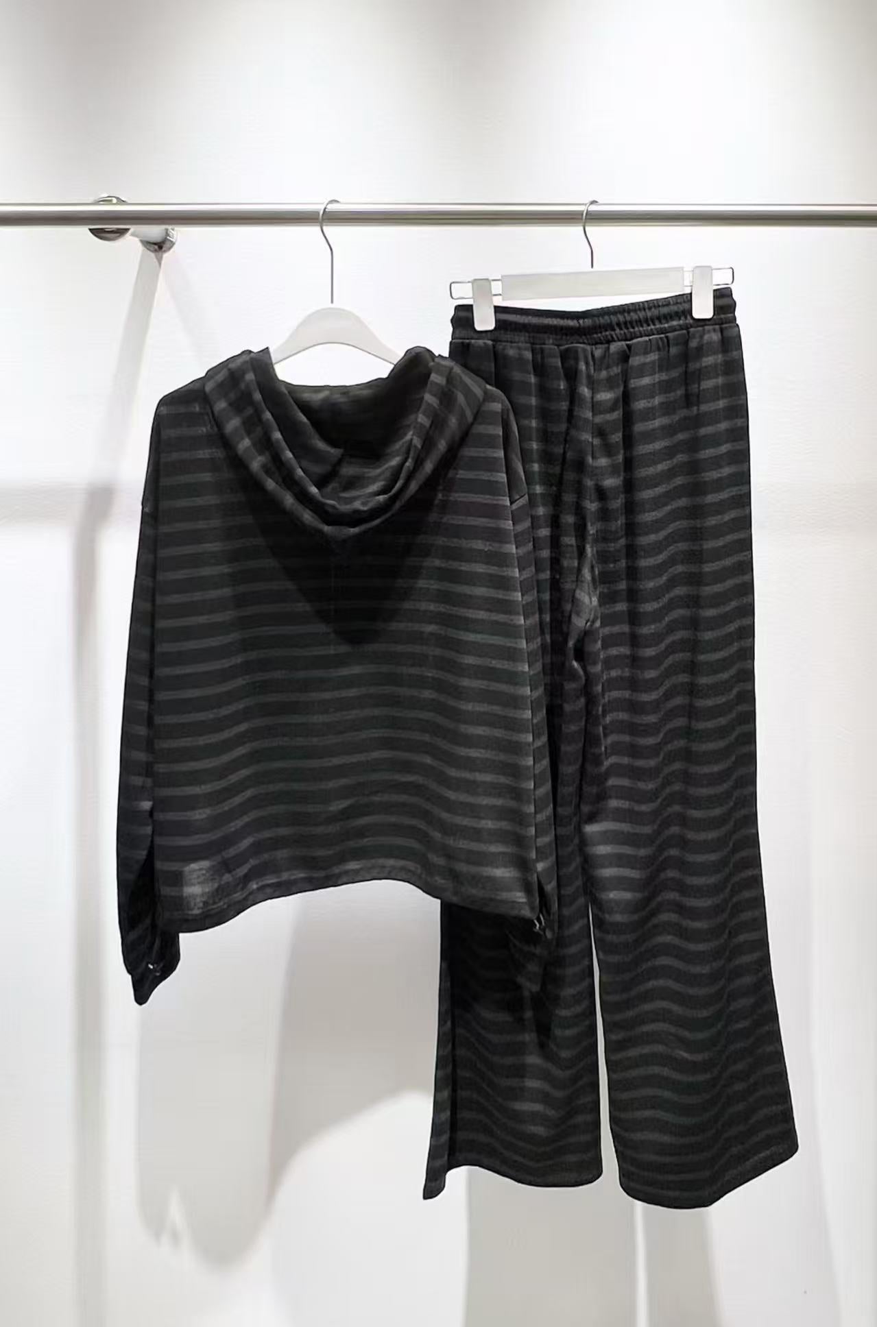 New striped zipper hooded jacket+pants set