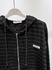 New striped zipper hooded jacket+pants set