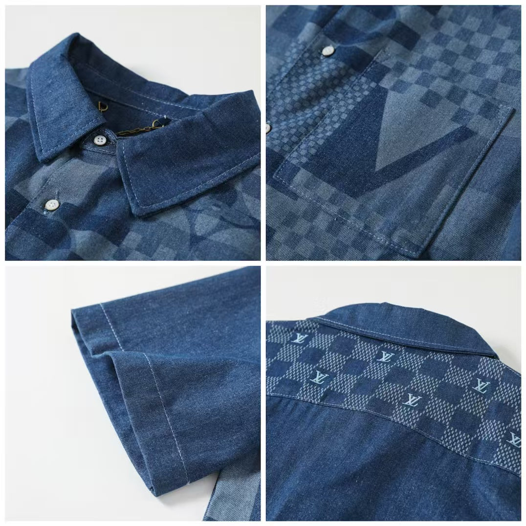 Denim short sleeved shirt shorts set