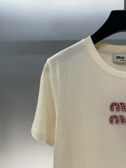 Pink rhinestone letter round neck T-shirt