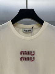 Pink rhinestone letter round neck T-shirt