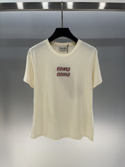 Pink rhinestone letter round neck T-shirt