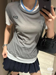 Multi layer round neck short sleeved T-shirt