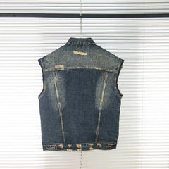 Wear and tear denim vest jacket with holes