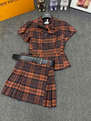 Tie lantern short sleeved waist cinching suit+waist belt pleated skirt