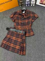Tie lantern short sleeved waist cinching suit+waist belt pleated skirt