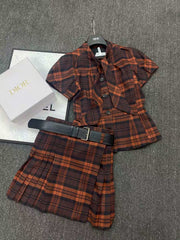 Tie lantern short sleeved waist cinching suit+waist belt pleated skirt