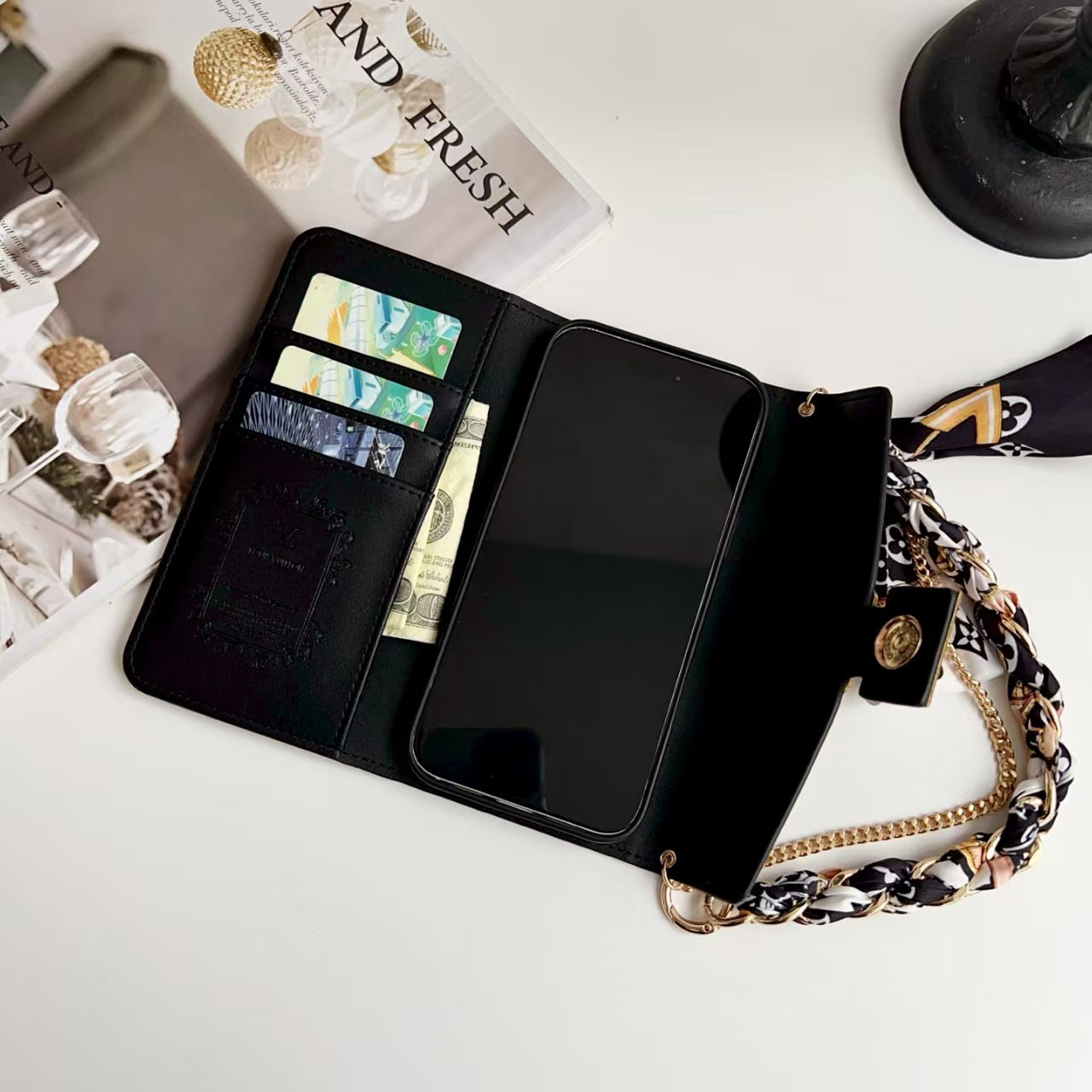Postman leather case+special silk scarf chain phone case
