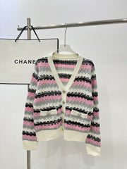 Striped striped V-neck pocket cardigan