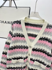 Striped striped V-neck pocket cardigan