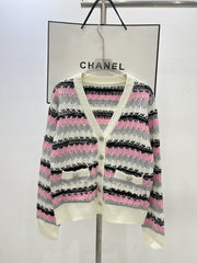 Striped striped V-neck pocket cardigan