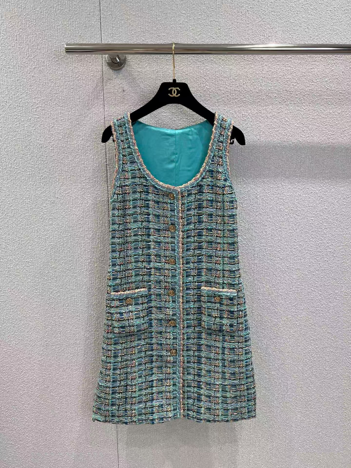 Blue green tweed sleeveless dress