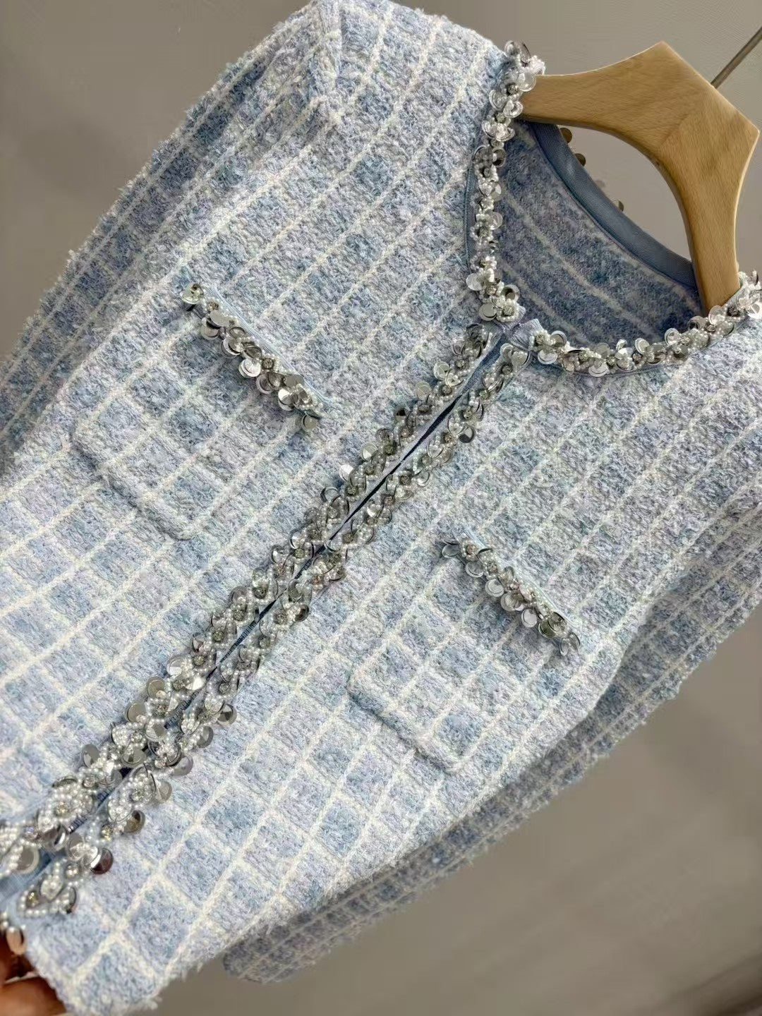 New blue mixed color nail bead knitted jacket cardigan