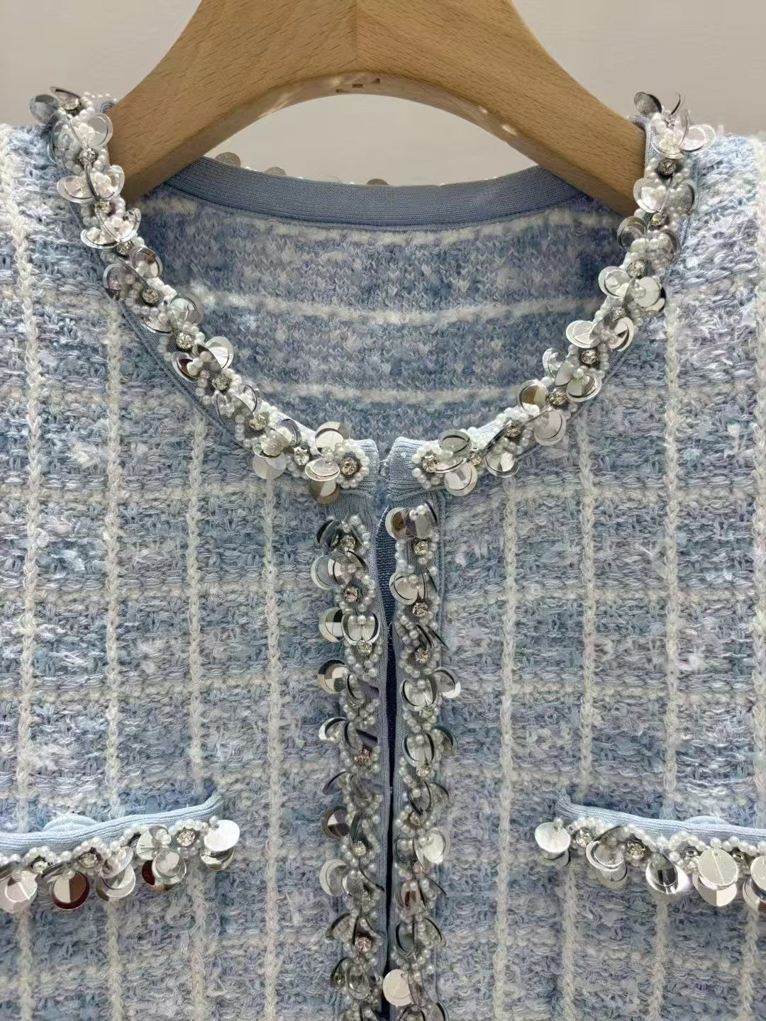 New blue mixed color nail bead knitted jacket cardigan