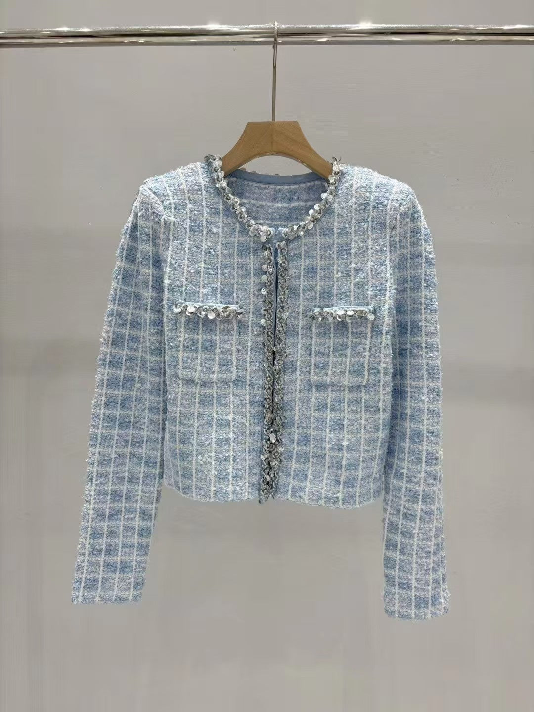 New blue mixed color nail bead knitted jacket cardigan