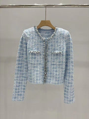 New blue mixed color nail bead knitted jacket cardigan