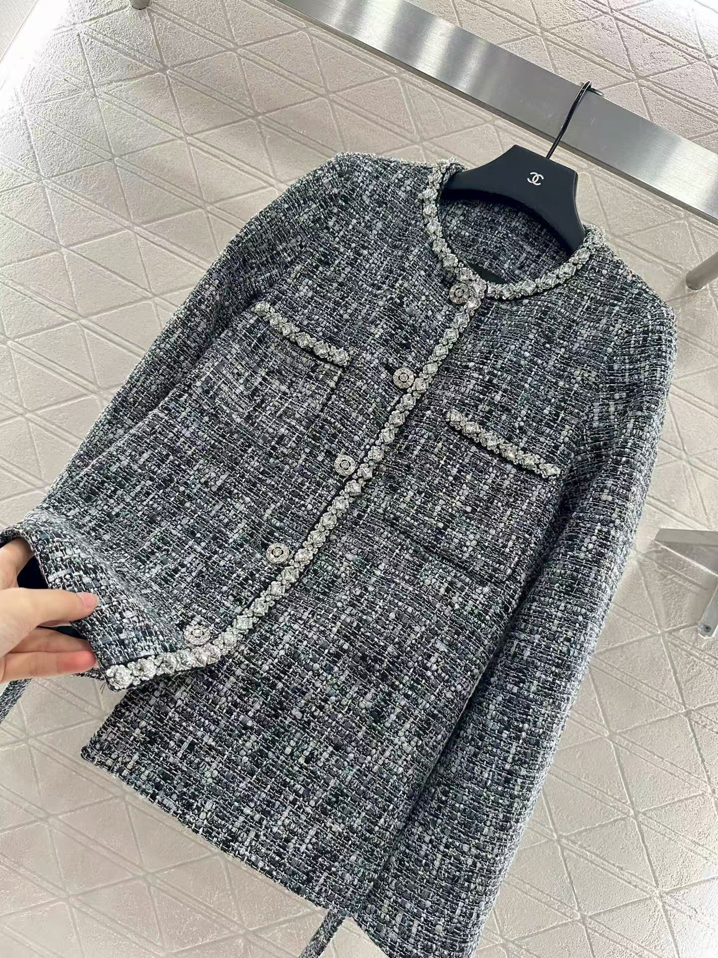Round neck dress with beaded edges and outer jacket
