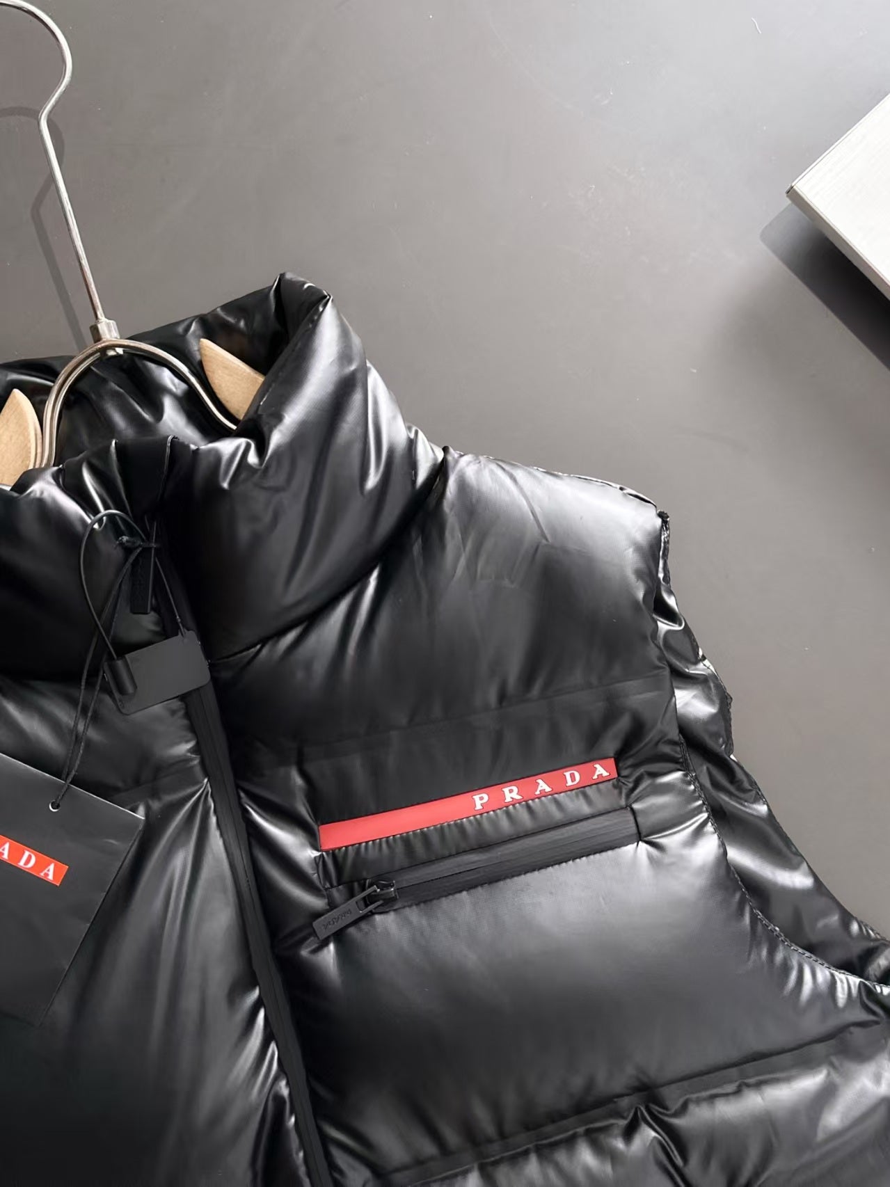 New red bar down vest