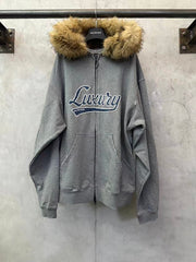 New fur collar zipper hooded sweatshirt