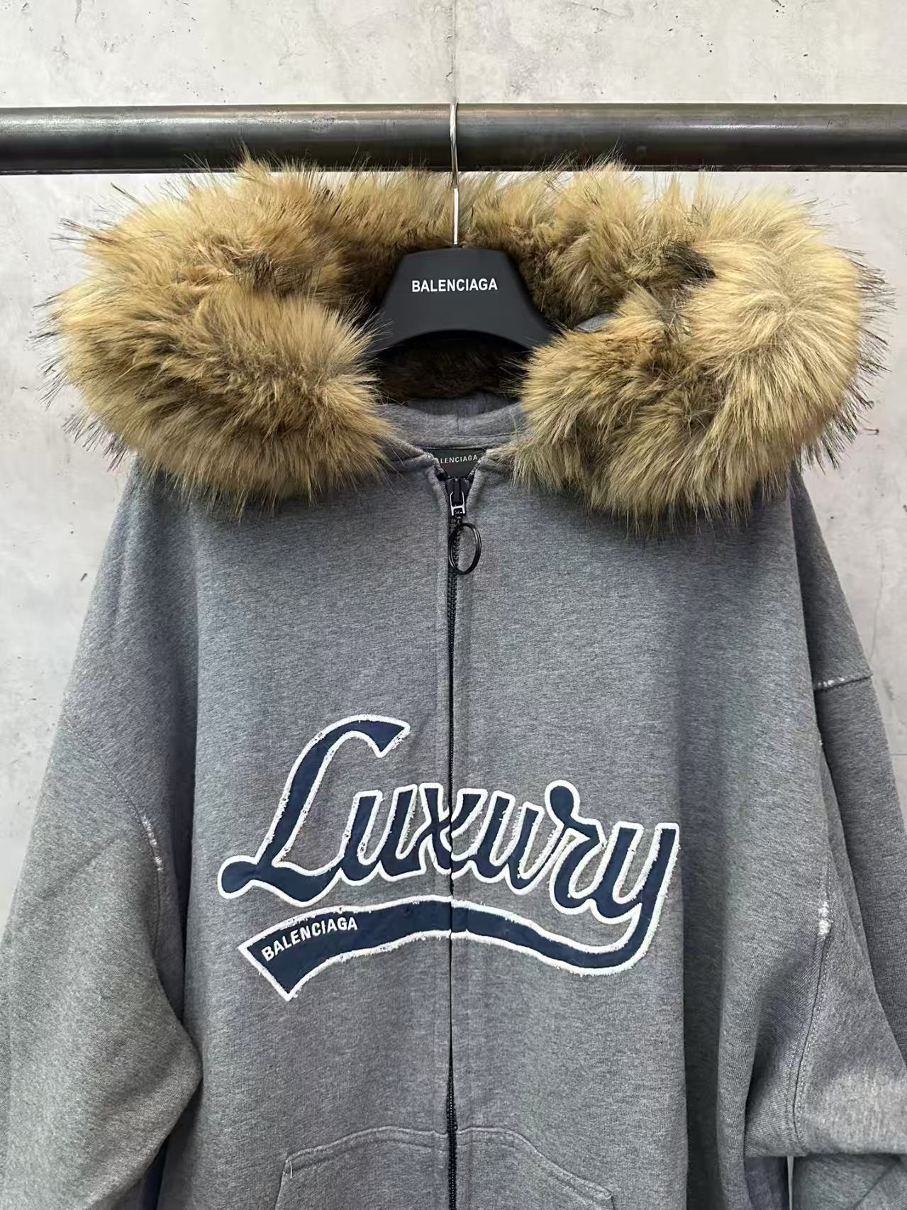 New fur collar zipper hooded sweatshirt