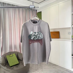 Unisex washed, worn-out, personalized letter printed short sleeved T-shirt