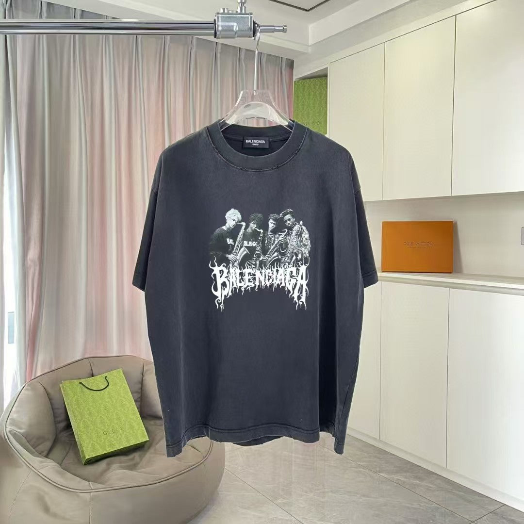 Unisex washed, worn-out, personalized letter printed short sleeved T-shirt