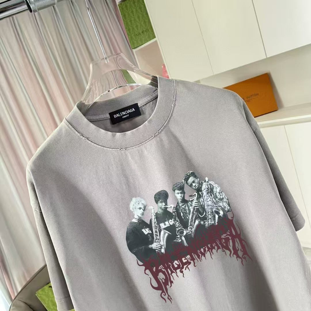 Unisex washed, worn-out, personalized letter printed short sleeved T-shirt