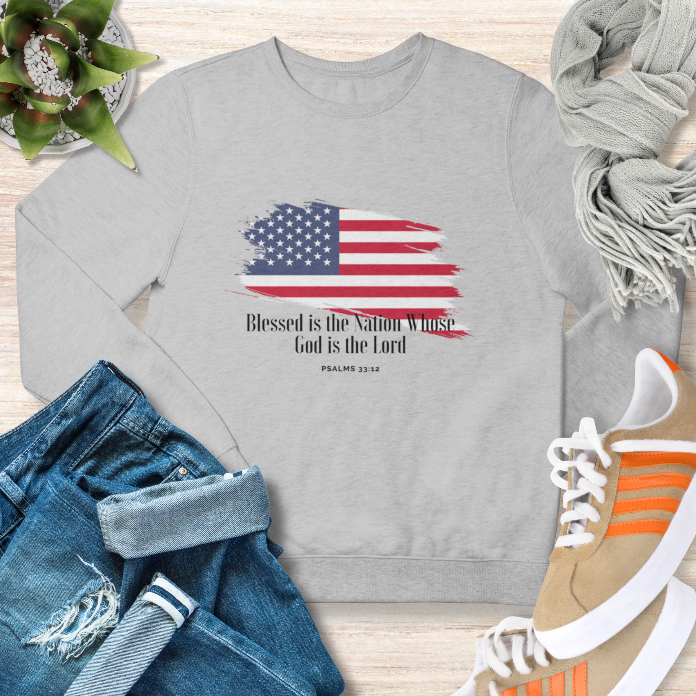 Blessed Is the Nation Whose God is God Sweatshirt Flag Sweatshirt Christian Flag Sweatshirt for Women