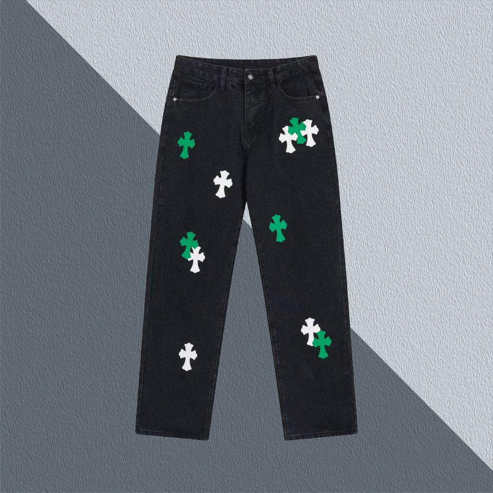 New Leather Embroidered Cross Casual Jeans