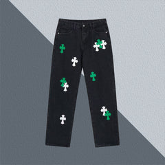 New Leather Embroidered Cross Casual Jeans