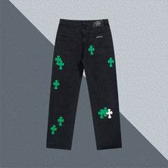 New Leather Embroidered Cross Casual Jeans