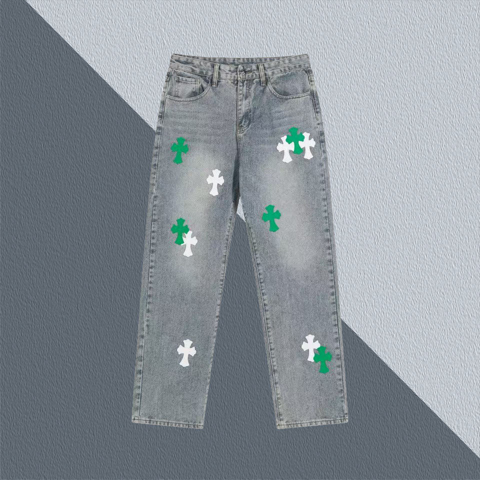 New Leather Embroidered Cross Casual Jeans
